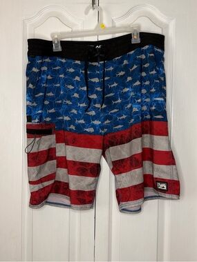 Pelagic Men’s Fish & Stripes Summer Swim Board Shorts Blue Red Gray 38